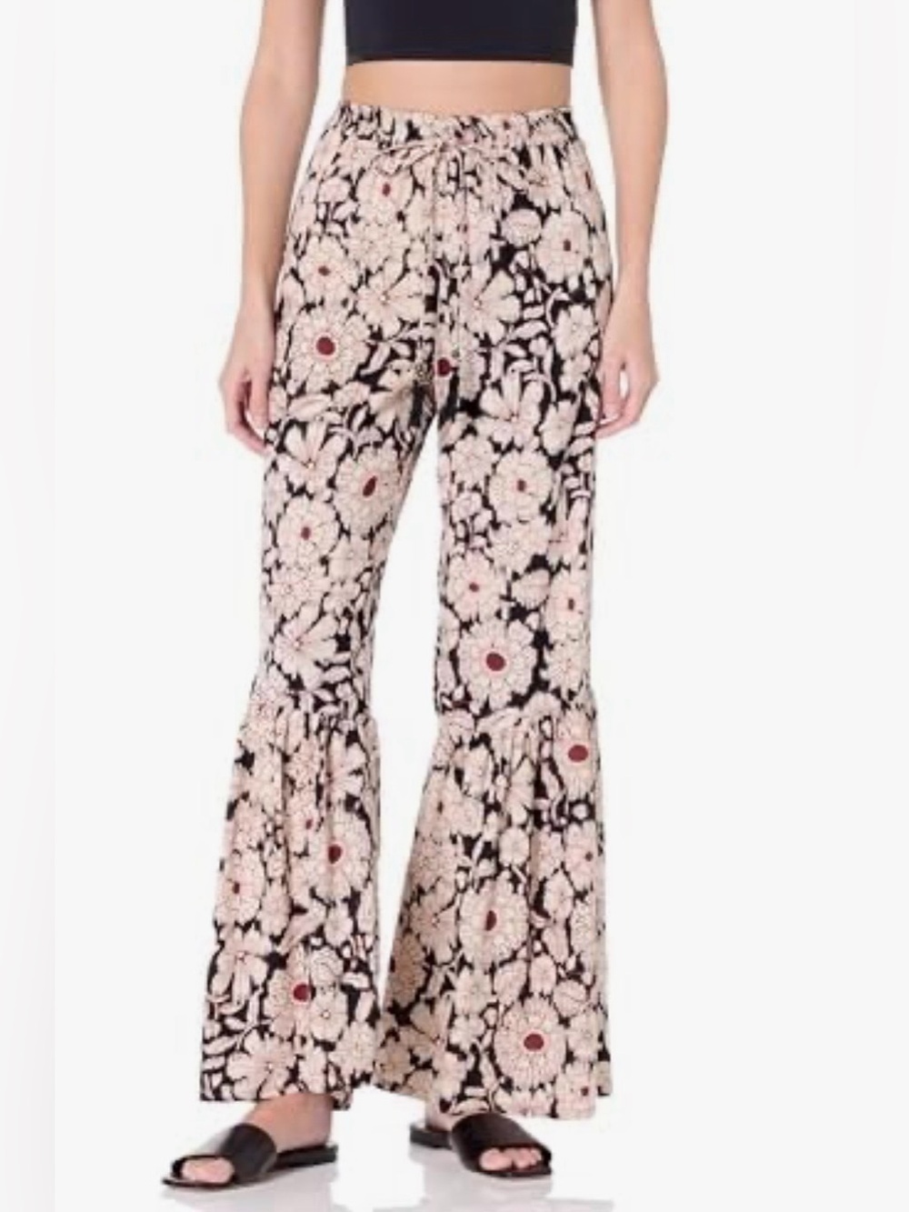 Angie Black and Cream Floral Tiered Bell Bottoms
